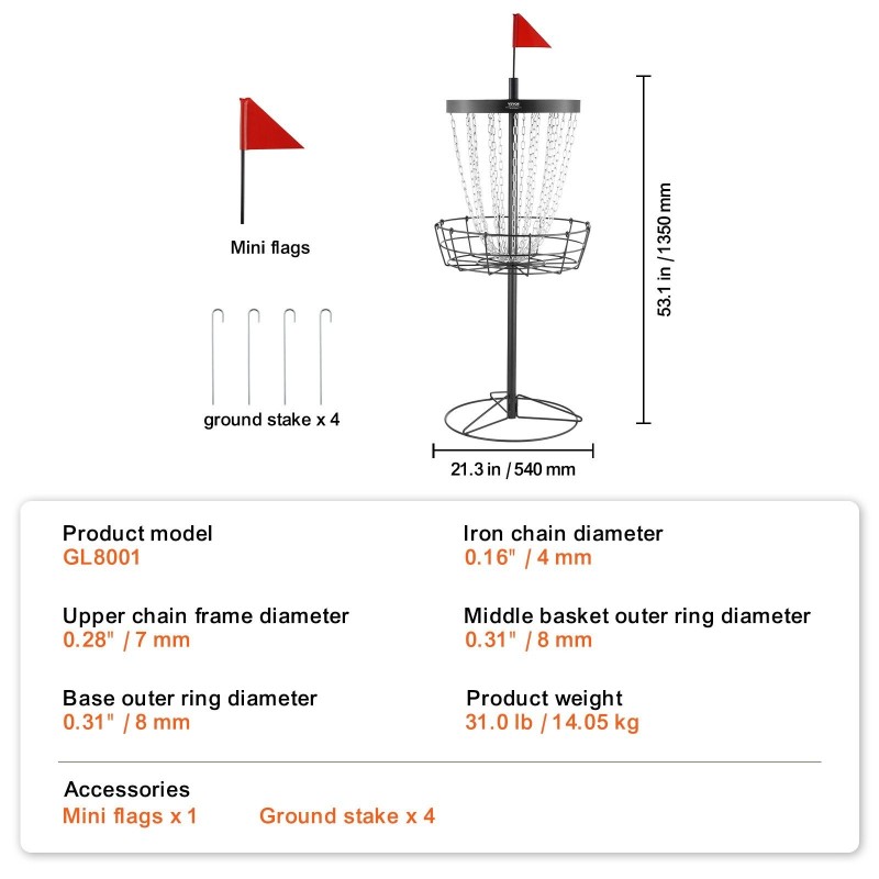 Frisbeegolf-kori teräs kaksikymmentäneljä galvanoitua ketjua musta sisä- ja ulkokäyttöön