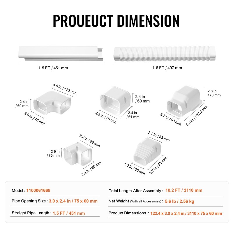 Putkikanaalisarja PVC- ja PE-muovista 76 millimetriä leveä 3110 millimetriä pitkä valkoinen ilmastointilaitteille