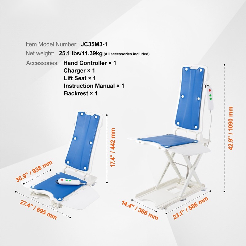 Kylpyammeen sähköinen nostin vedenpitävä muovi istuinkorkeus 77–507 mm 140,6 kg 45° selkänoja