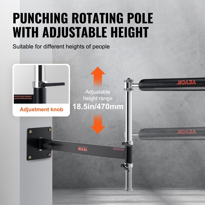 Seinään asennettava nyrkkeilytanko 360 asteen pyörivä hiiliteräsrunko korkeussäädettävä musta