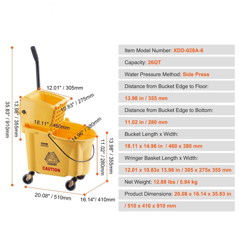 Moppiämpäri 26 QT sivupuristuslinkolla polypropeeninen linko pyörillä ammatti- ja teollisuuskäyttöön keltainen