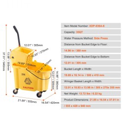 Moppiämpäri 35QT sivupuristimella polypropeenipuristimella pyörillä keltainen ammattikäyttöön