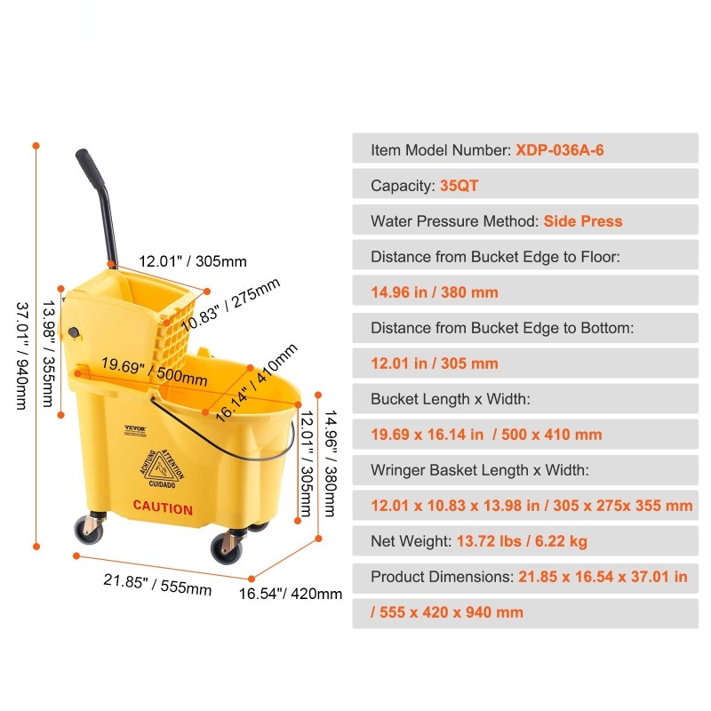 Moppiämpäri 35QT sivupuristimella polypropeenipuristimella pyörillä keltainen ammattikäyttöön