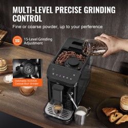 Automaattinen espressokone sisäänrakennetulla kartioterämyllyllä 15-portainen jauhatus höyrysuutin 20 bar 1,5 l vesisäiliö