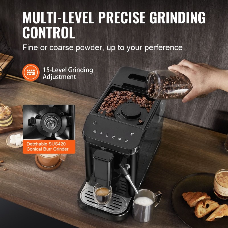 Automaattinen espressokone sisäänrakennetulla kartioterämyllyllä 15-portainen jauhatus höyrysuutin 20 bar 1,5 l vesisäiliö