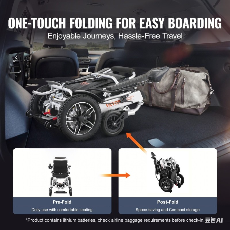 Sähköpyörätuoli taittuva alumiiniseosrunko 136 kg kantavuus säädettävä selkänoja 20 km toimintamatka