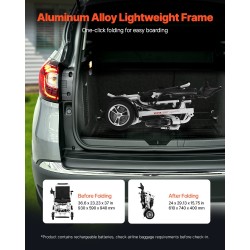 Sähköpyörätuoli alumiiniseosrunko taittuva kevyt 136 kg kantavuus 21 km ajomatka