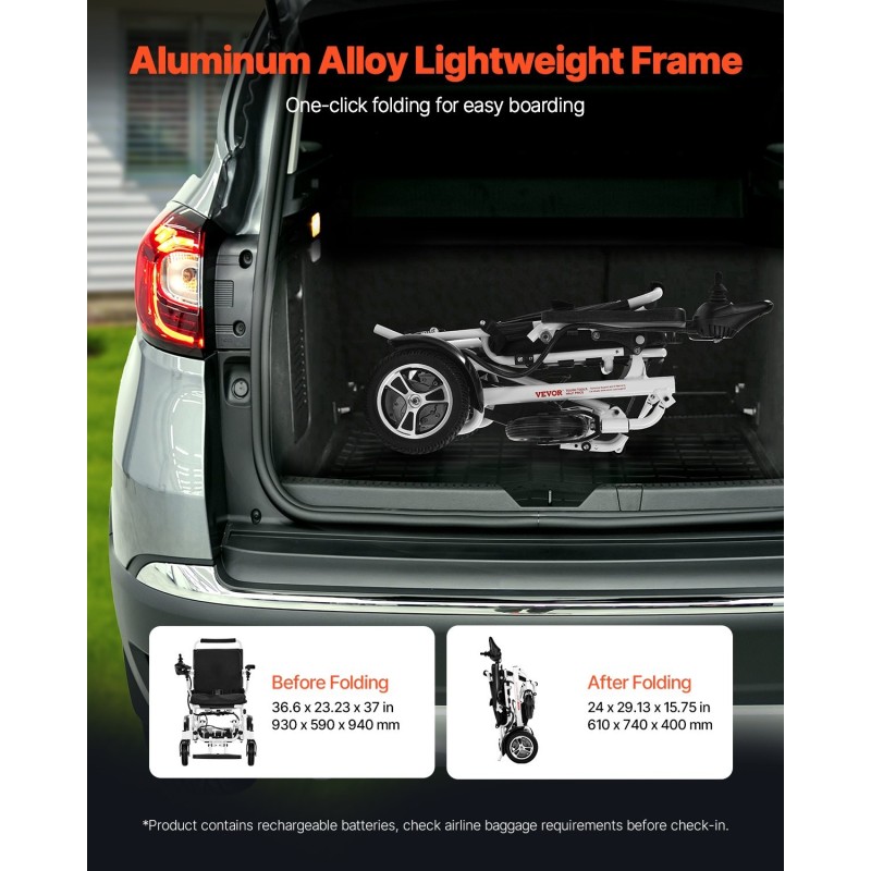 Sähköpyörätuoli alumiiniseosrunko taittuva kevyt 136 kg kantavuus 21 km ajomatka