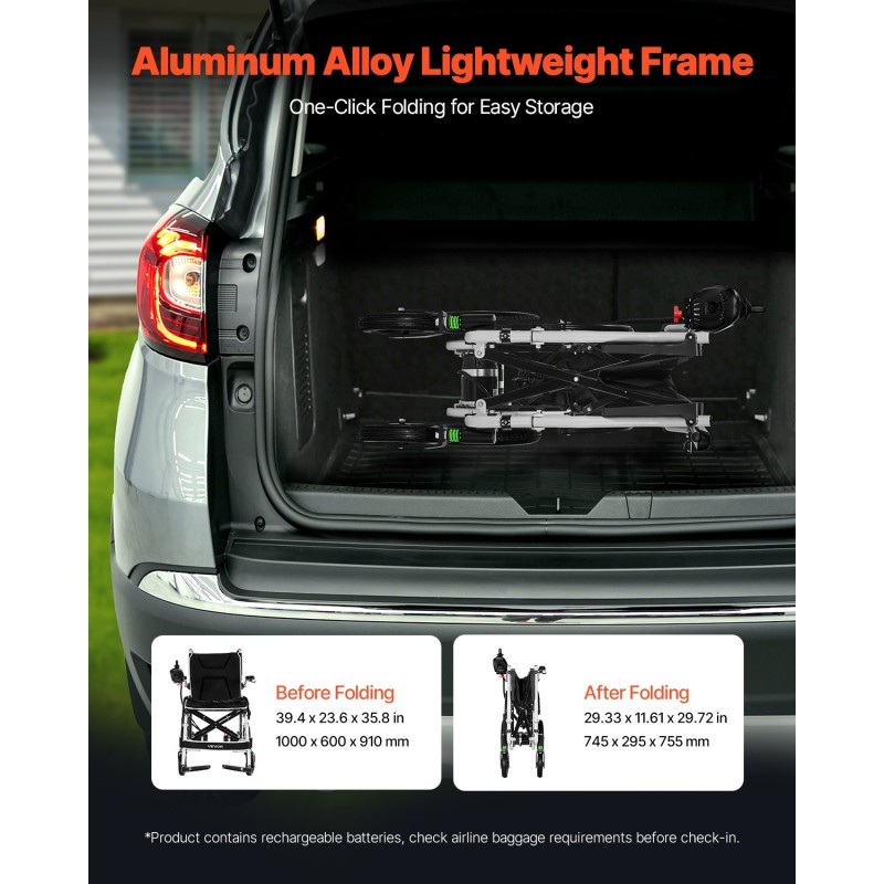 Sähköpyörätuoli alumiiniseosrunko kevyt 100 kg kantavuus kokoontaitettava 19,3 km toimintasäteellä