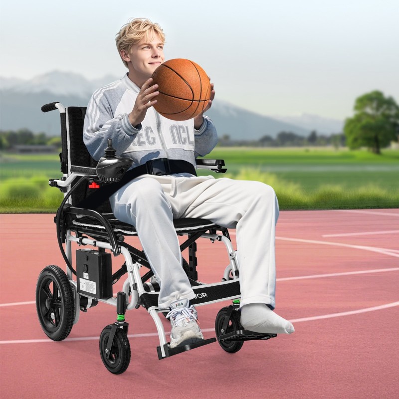 Sähköpyörätuoli alumiiniseosrunko kevyt 100 kg kantavuus kokoontaitettava 19,3 km toimintasäteellä