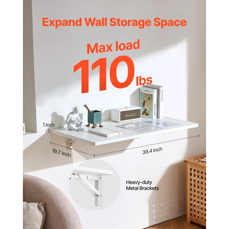 Seinään kiinnitettävä lastulevyinen taittopöytä 1000 x 500 mm rautakannattimilla valkoinen 50 kg