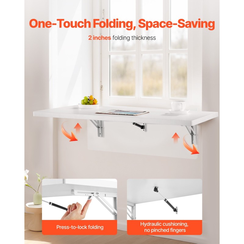 Seinään kiinnitettävä lastulevyinen taittopöytä 1000 x 500 mm rautakannattimilla valkoinen 50 kg