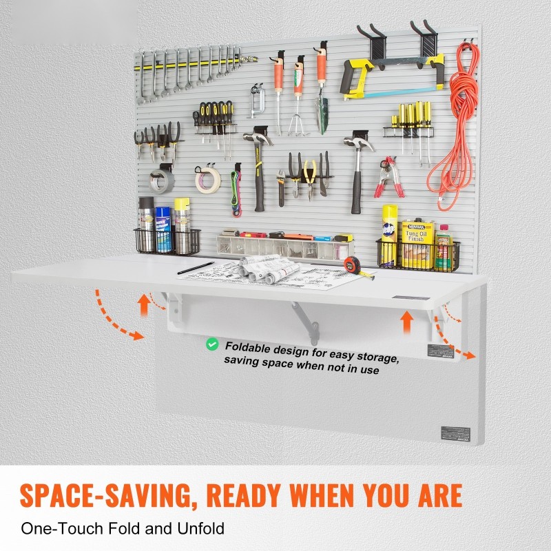 Seinään kiinnitettävä lastulevyinen taittopöytä 800 x 600 mm valkoinen rautakiinnikkeillä