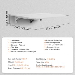 Seinään kiinnitettävä lastulevyinen taittopöytä 800 x 600 mm valkoinen rautakiinnikkeillä
