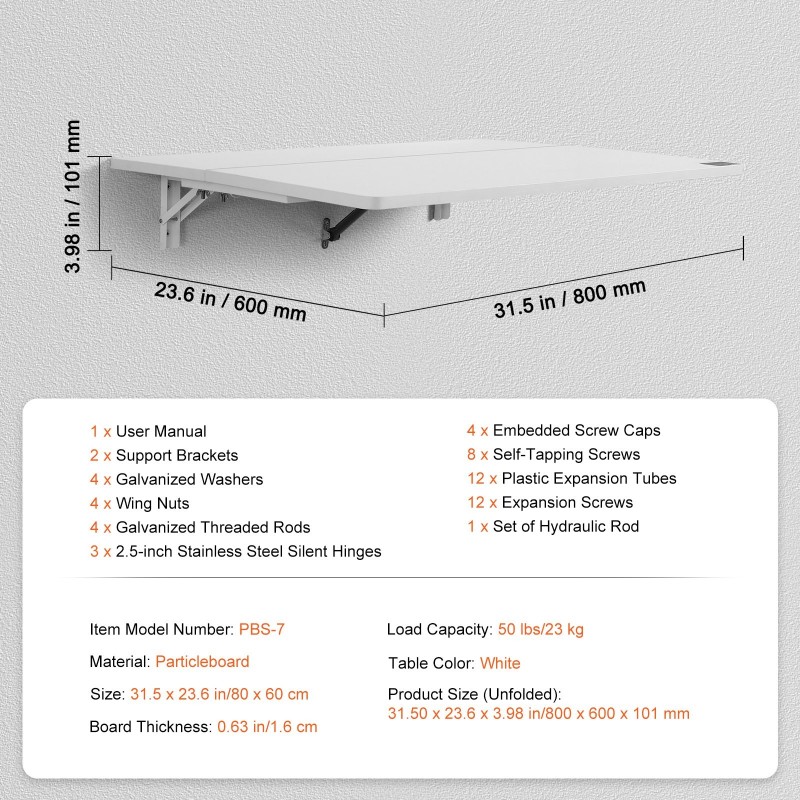 Seinään kiinnitettävä lastulevyinen taittopöytä 800 x 600 mm valkoinen rautakiinnikkeillä