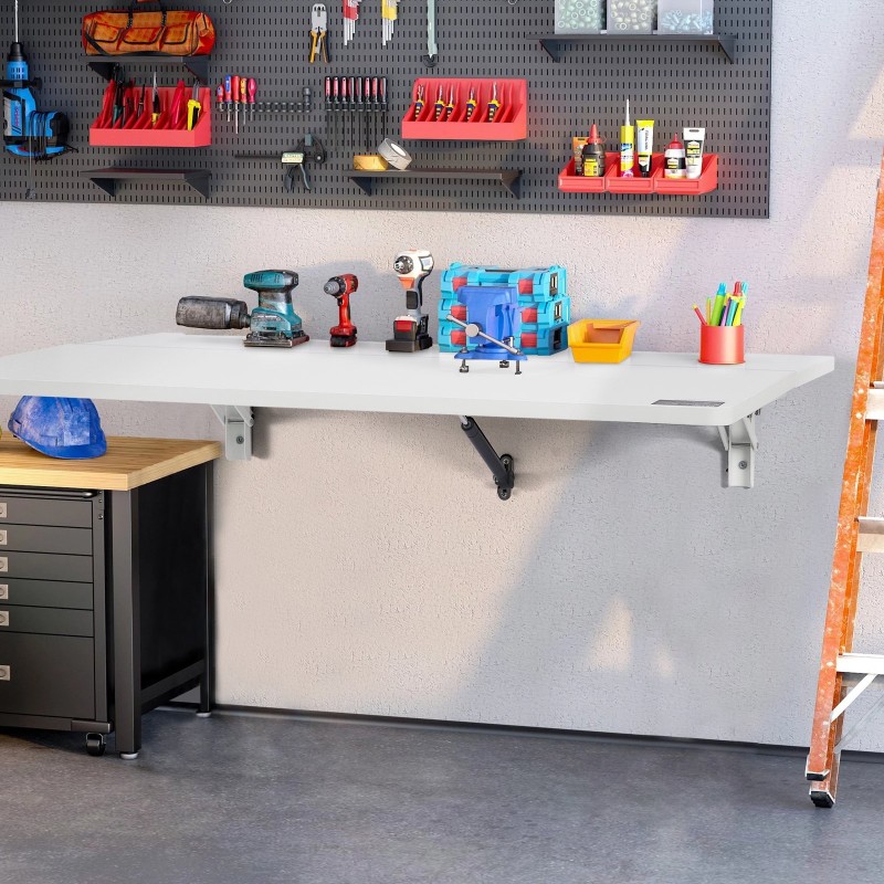 Seinään kiinnitettävä lastulevyinen taittopöytä 800 x 600 mm valkoinen rautakiinnikkeillä