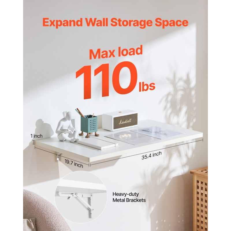 Seinään kiinnitettävä taittopöytä lastulevy 900 x 500 mm rautainen kannatin valkoinen