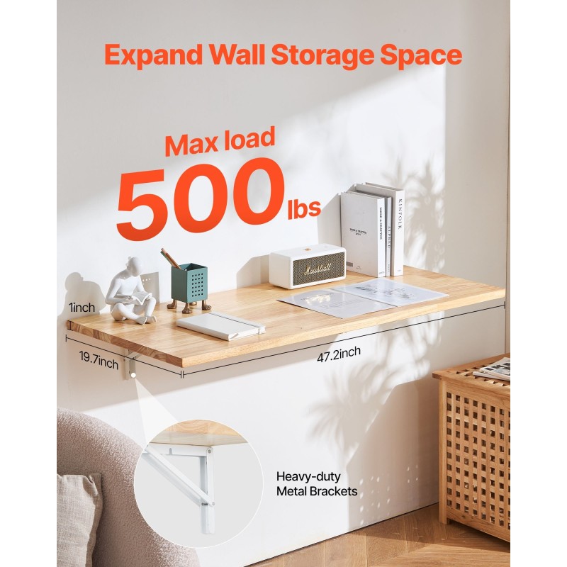 Seinäpöytä taittuva kumipuinen 1200 x 500 mm seinään kiinnitettävä