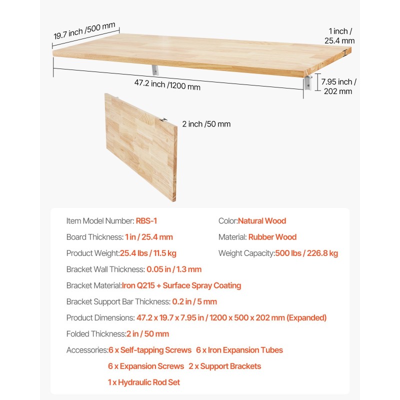 Seinäpöytä taittuva kumipuinen 1200 x 500 mm seinään kiinnitettävä