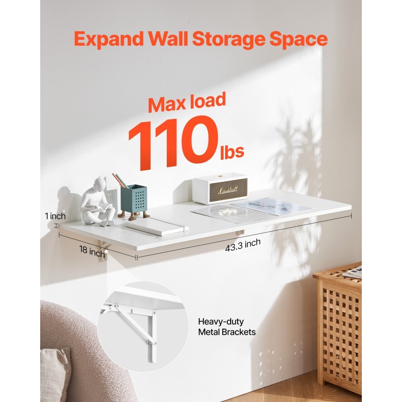 Seinään kiinnitettävä lastulevyinen taittopöytä 110 x 46 cm rautakiinnikkeillä