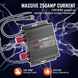 Akun erottaja 250A 12V/24V alumiiniseos kaksoisakkujärjestelmiin kahdella LED-näytöllä