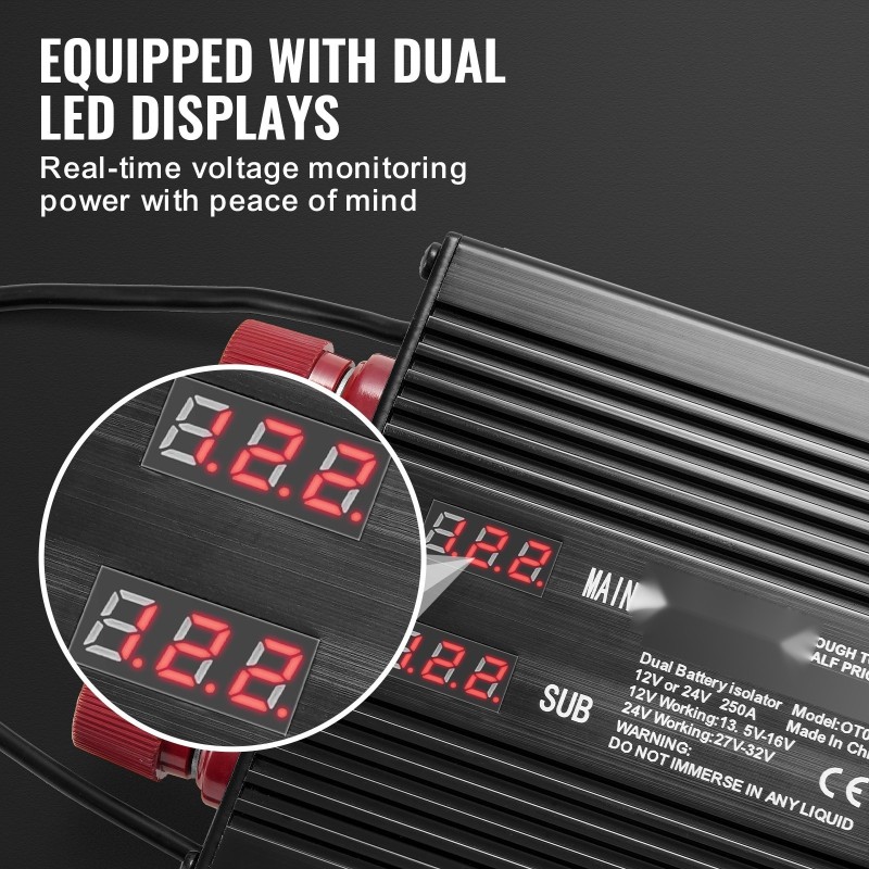 Akun erottaja 250A 12V/24V alumiiniseos kaksoisakkujärjestelmiin kahdella LED-näytöllä