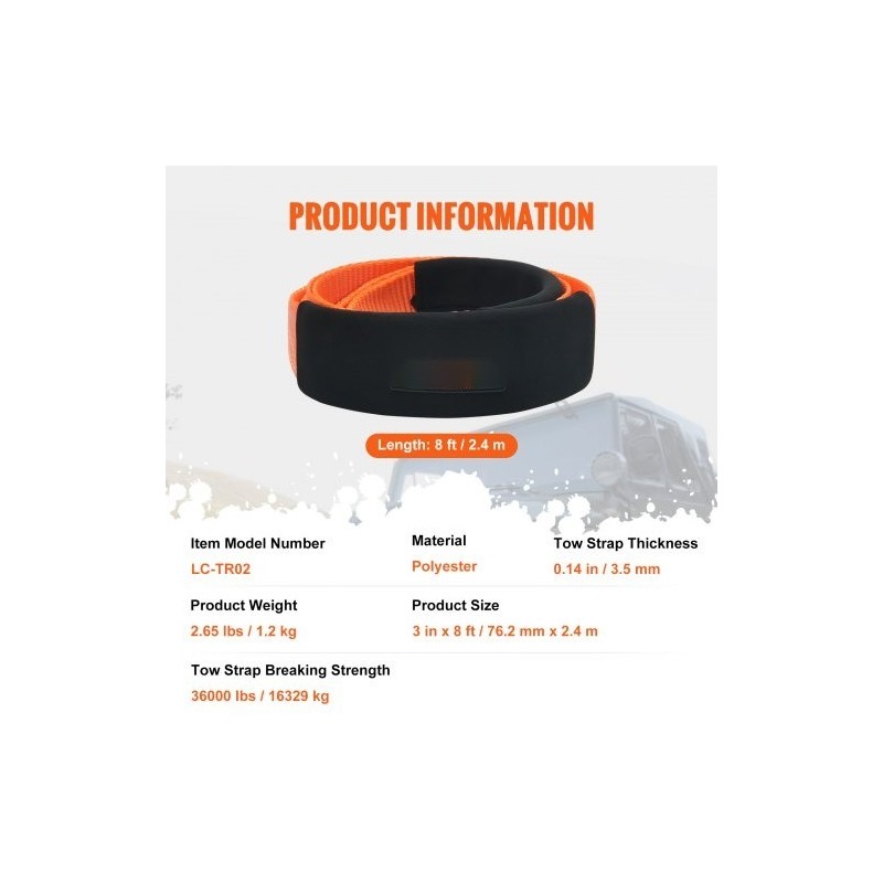 Hinausliina polyesteristä 7,6 cm 2,4 m 16329 kg kolmoisvahvistetut lenkit ajoneuvojen hinaukseen