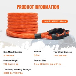 Kineettinen nyloninen vetoköysi 9,1 m 25,4 mm 17237 kg katkeamismurtolujuus 30% venymä