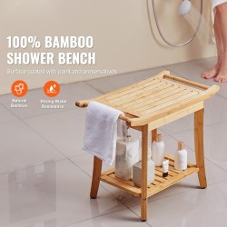 Suihkupenkki bambuinen vesitiivis säilytyshyllyllä säädettävät jalat 136 kg kantavuus