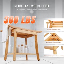 Suihkupenkki bambuinen vesitiivis säilytyshyllyllä säädettävät jalat 136 kg kantavuus