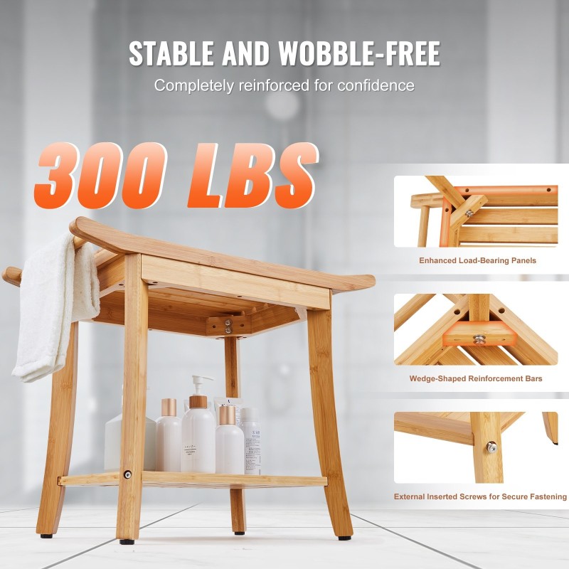 Suihkupenkki bambuinen vesitiivis säilytyshyllyllä säädettävät jalat 136 kg kantavuus