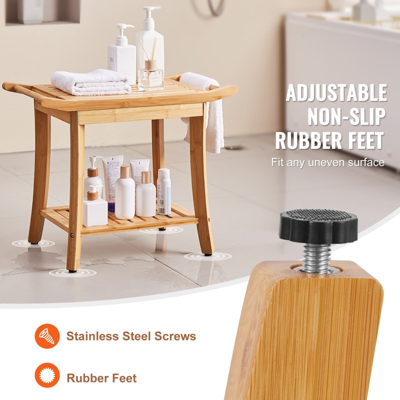 Suihkupenkki bambuinen vesitiivis säilytyshyllyllä säädettävät jalat 136 kg kantavuus