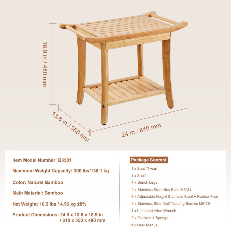 Suihkupenkki bambuinen vesitiivis säilytyshyllyllä säädettävät jalat 136 kg kantavuus