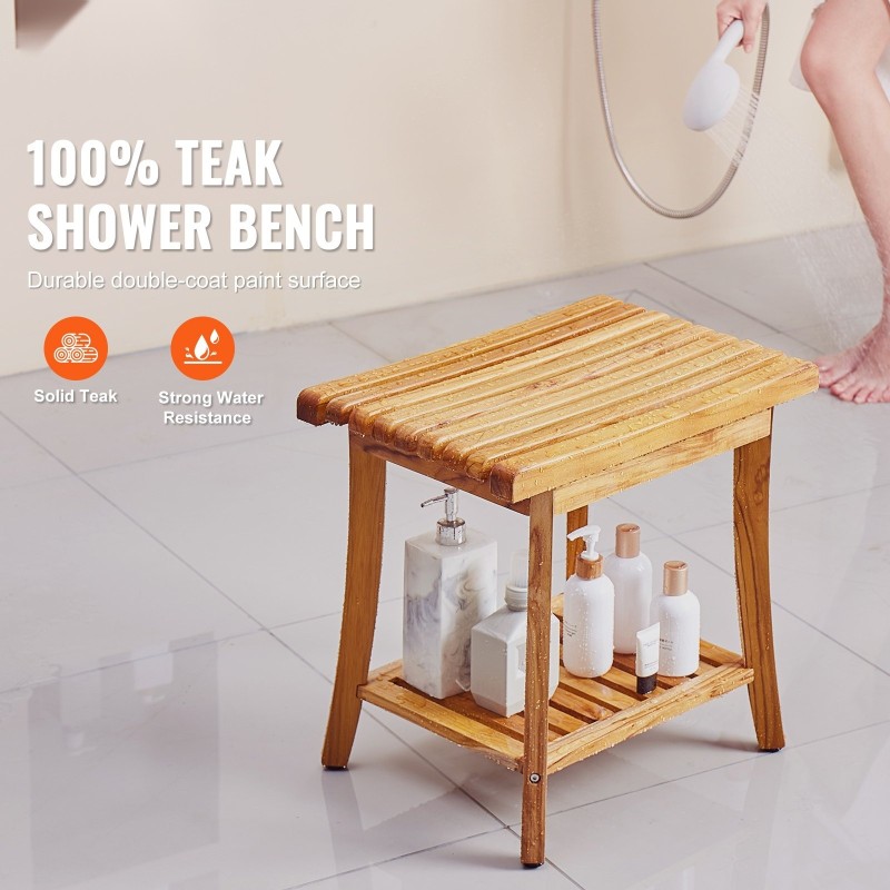 Teak-puinen suihkupenkki vedenkestävä säilytyshyllyllä 500x363x455 mm 180 kg kantavuus