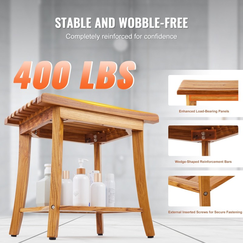 Teak-puinen suihkupenkki vedenkestävä säilytyshyllyllä 500x363x455 mm 180 kg kantavuus