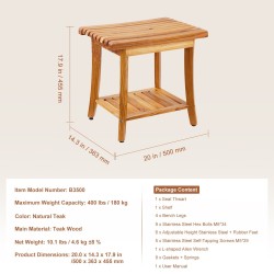 Teak-puinen suihkupenkki vedenkestävä säilytyshyllyllä 500x363x455 mm 180 kg kantavuus