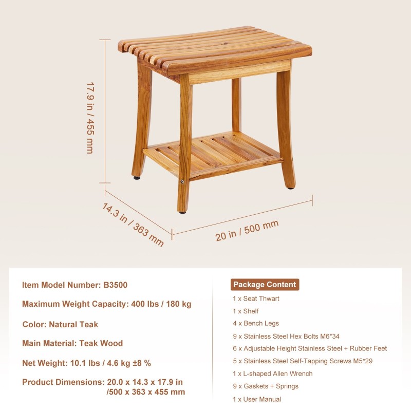 Teak-puinen suihkupenkki vedenkestävä säilytyshyllyllä 500x363x455 mm 180 kg kantavuus
