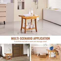 Tiikkipuinen suihkupenkki 56x36,5x47 cm kaksitasoinen säilytyshylly säädettävät jalat