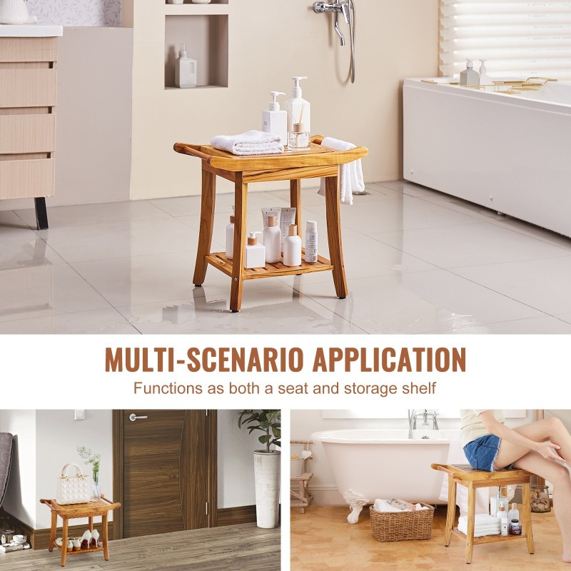 Tiikkipuinen suihkupenkki 56x36,5x47 cm kaksitasoinen säilytyshylly säädettävät jalat