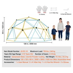 Geometrinen kiipeilykupu galvanoitu teräs 305 cm 3–10-vuotiaille 4–5 lapselle ulkokäyttöön