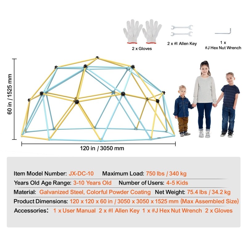 Geometrinen kiipeilykupu galvanoitu teräs 305 cm 3–10-vuotiaille 4–5 lapselle ulkokäyttöön