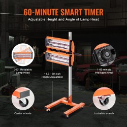 Infrapunakuivauslamppu 2200W ajastin 1–60 min säädettävä korkeus liikuteltava jalusta pyörillä
