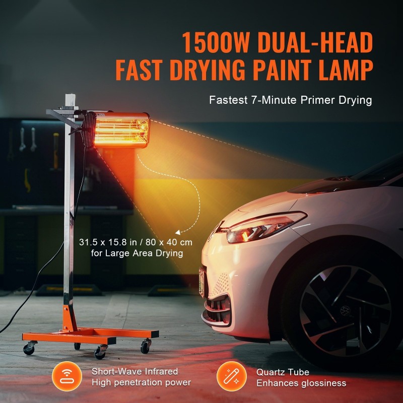 Infrapunakuivain 1500W ajastimella 1–60 min korkeussäädettävä jalusta maalipinnoille