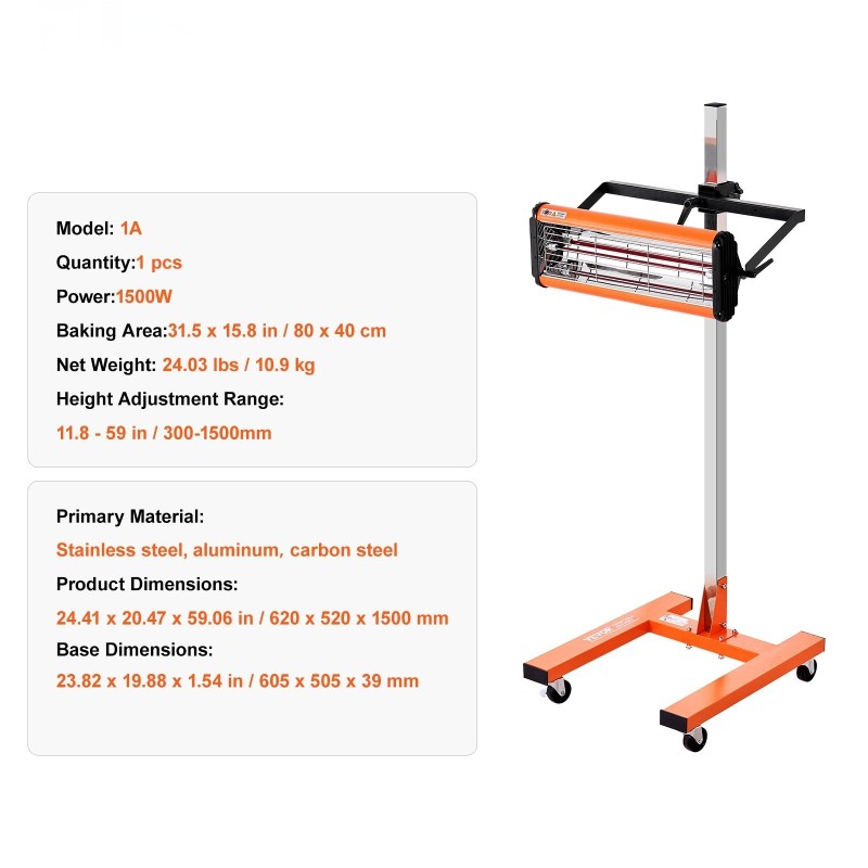 Infrapunakuivain 1500W ajastimella 1–60 min korkeussäädettävä jalusta maalipinnoille