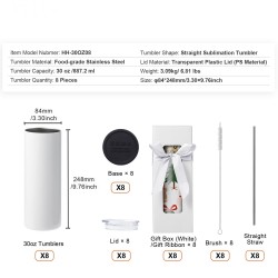 Suorat sublimaatiomukit elintarvikelaatuinen ruostumaton teräs 887 ml 8 kpl kaksoisseinäiset