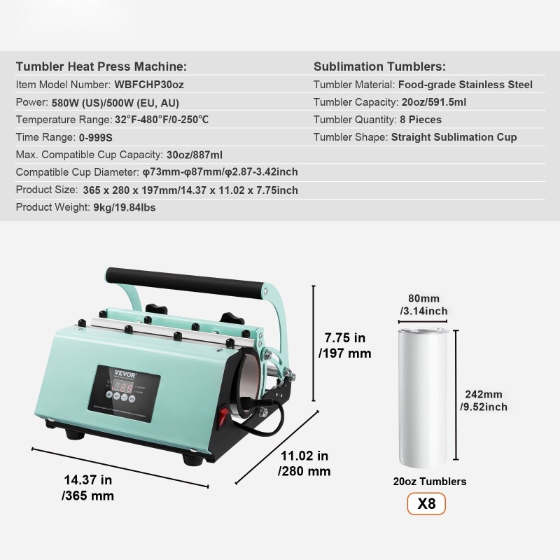 Mukipuristin sublimaatiomukeille 11–30 unssia yhteensopiva 8 kpl 20 unssin ruostumattomia teräsmukeja