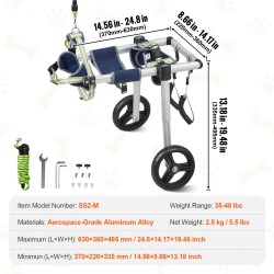 Koiran pyörätuoli takajaloille ilmailualumiinirunko kahdella pyörällä säädettävä kevyt