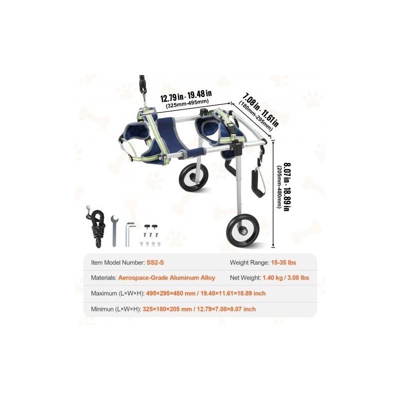 Koiran pyörätuoli ilmailuluokan alumiinirunko säädettävä pieni takajaloille