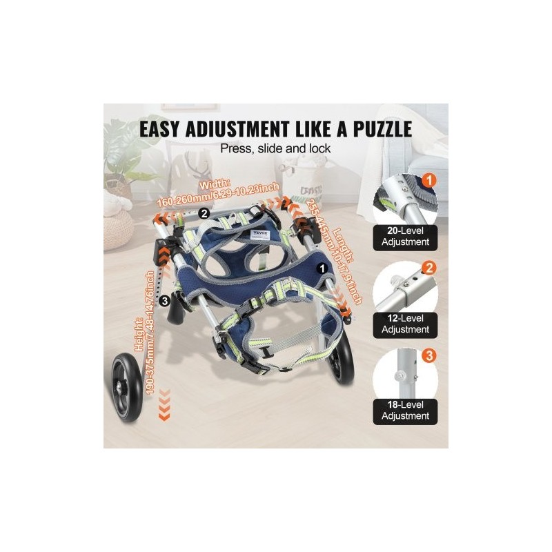 Koiran pyörätuoli takajaloille ilmailuluokan alumiiniseos säädettävä XS iskunvaimentavilla pyörillä kevyt