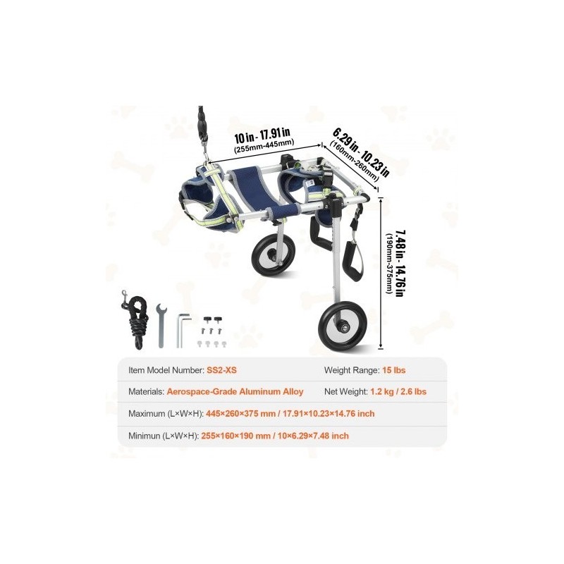 Koiran pyörätuoli takajaloille ilmailuluokan alumiiniseos säädettävä XS iskunvaimentavilla pyörillä kevyt